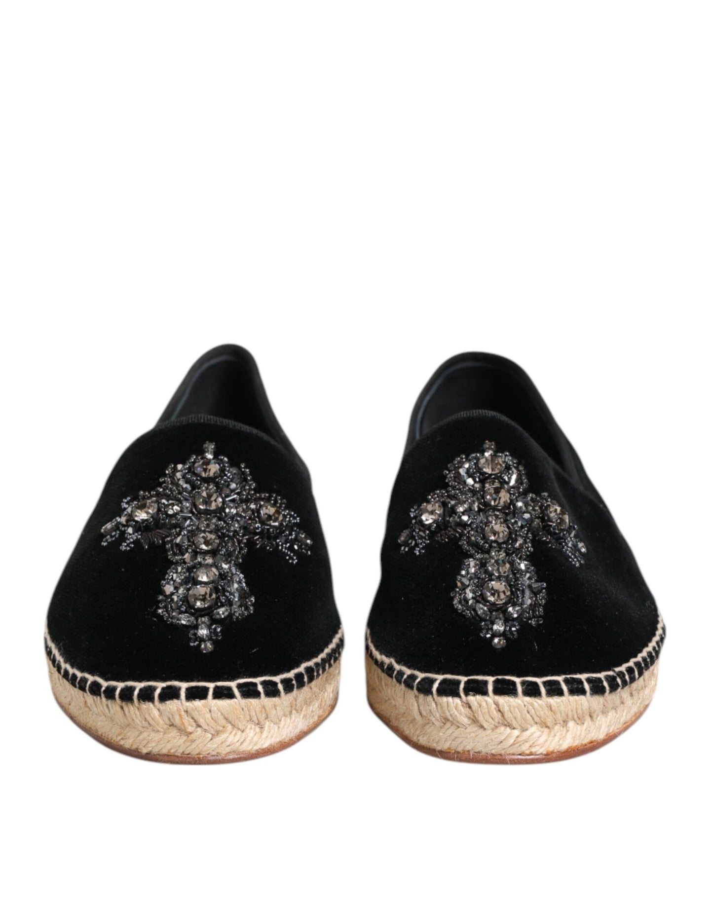 Dolce & Gabbana Schwarzes Kreuz Kristall Slip On Espadrille Schuhe