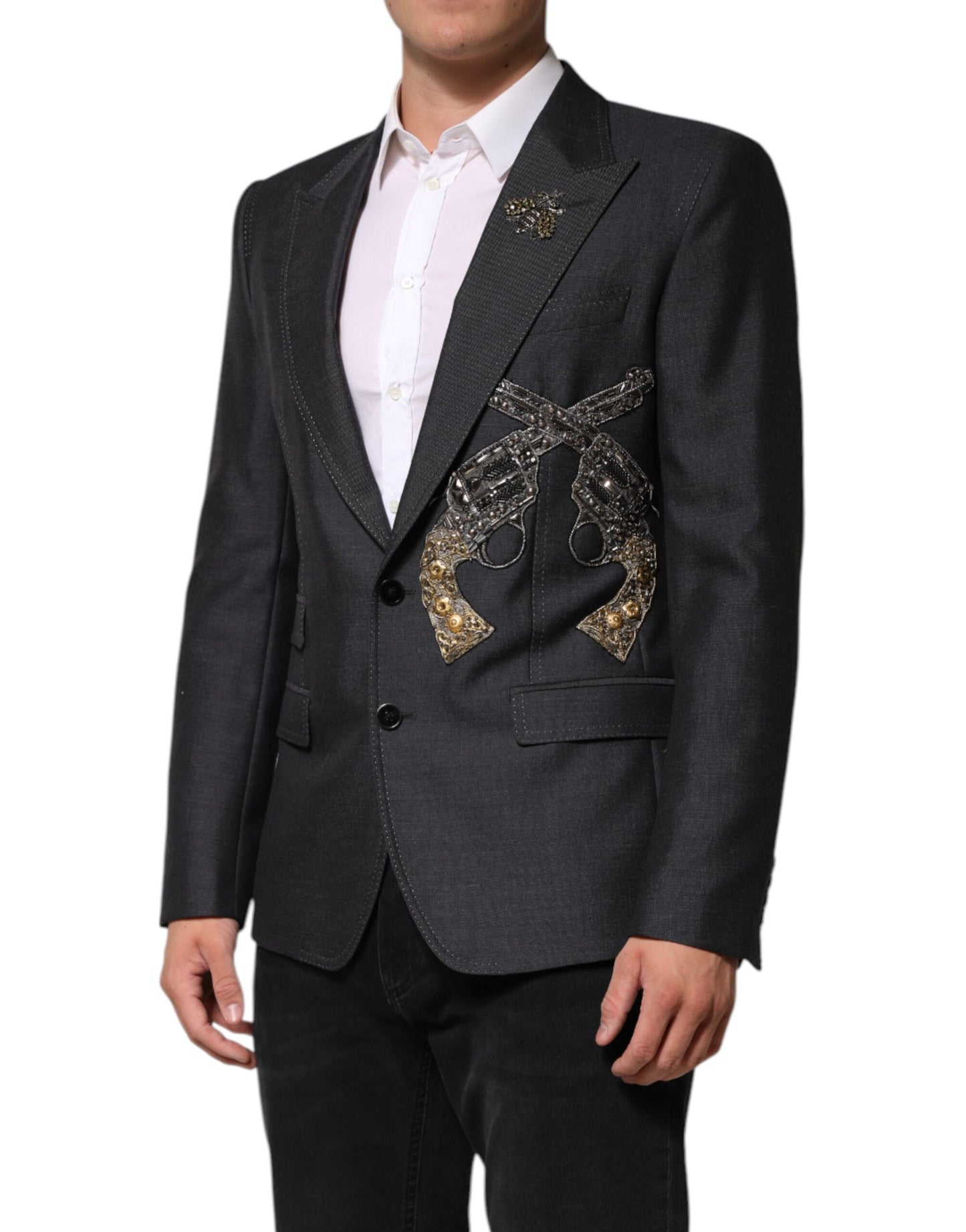 Dolce & Gabbana Dunkelgrauer Wollmantel mit Bienenstickerei Blazer