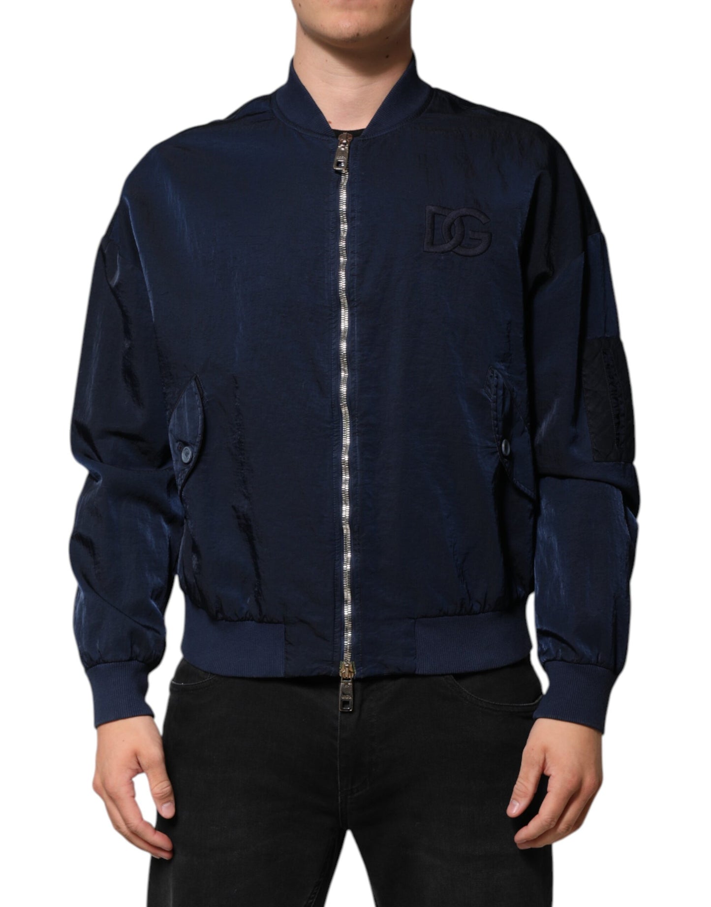 Dolce & Gabbana Blaue Nylon DG Stickerei Männer Bomberjacke