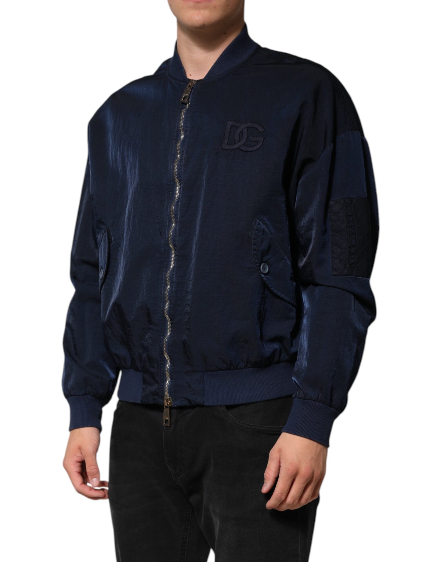 Dolce & Gabbana Blaue Nylon DG Stickerei Männer Bomberjacke