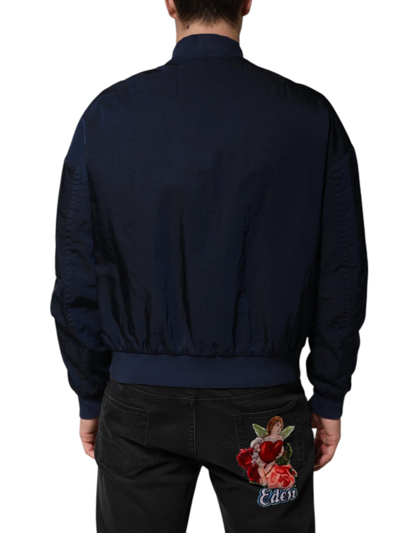 Dolce & Gabbana Blaue Nylon DG Stickerei Männer Bomberjacke