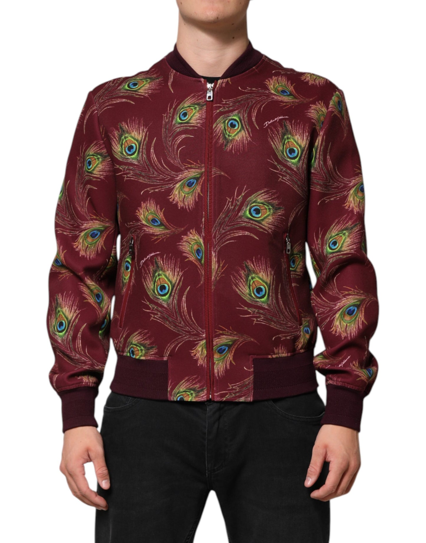 Dolce & Gabbana Kastanienbraune Bomberjacke mit Pfauenfedern