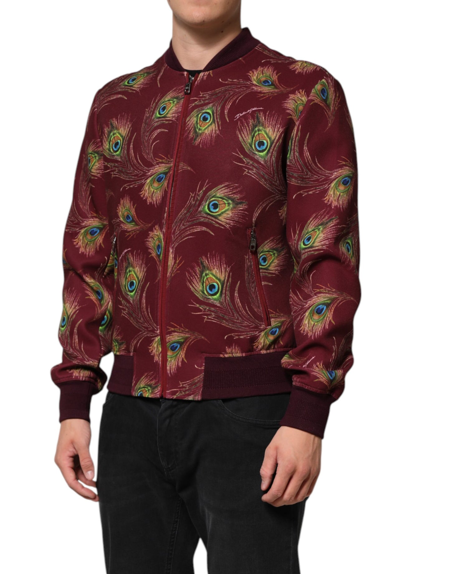 Dolce & Gabbana Kastanienbraune Bomberjacke mit Pfauenfedern
