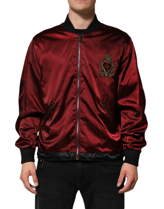 Dolce & Gabbana Maroon Nylon DG Crown Stickerei Jacke