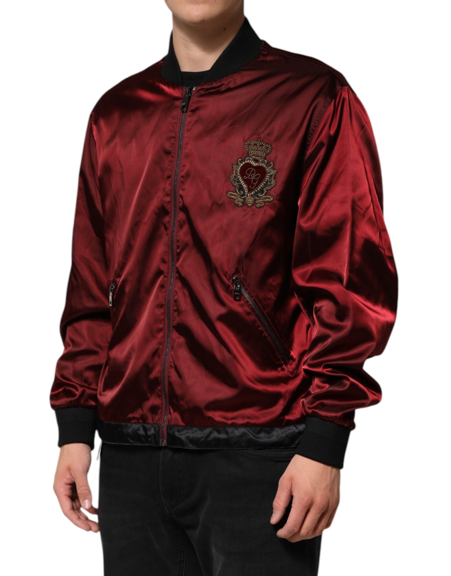 Dolce & Gabbana Maroon Nylon DG Crown Stickerei Jacke