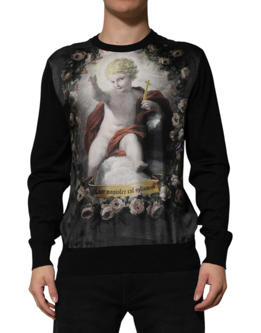 Dolce & Gabbana Schwarzer Kaschmir-Pullover mit Cherub-Print im Barockstil