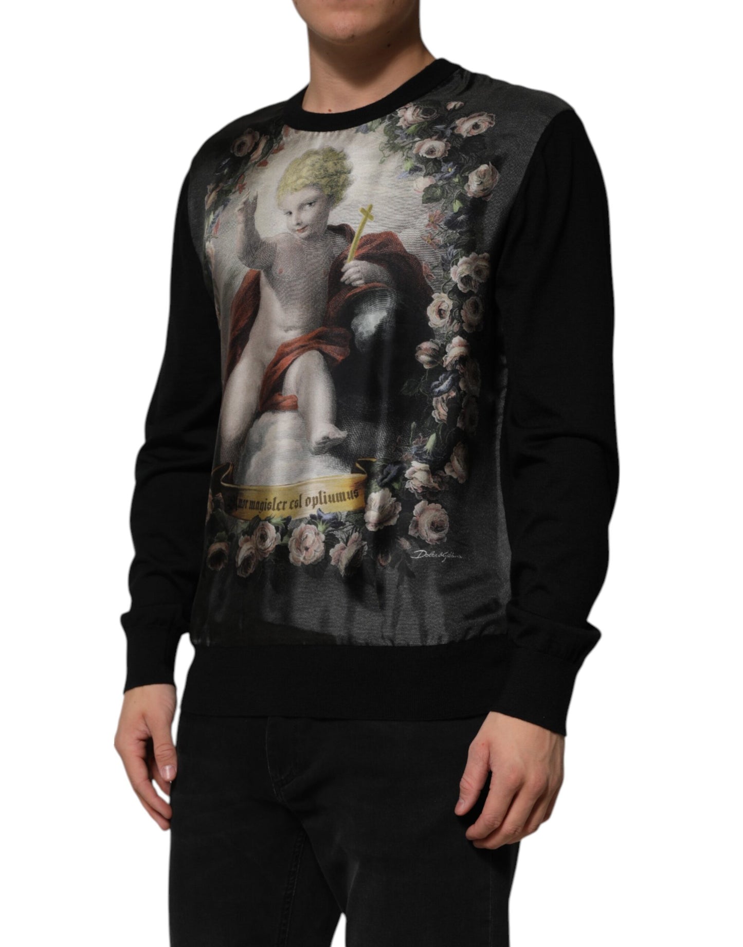 Dolce & Gabbana Schwarzer Kaschmir-Pullover mit Cherub-Print im Barockstil