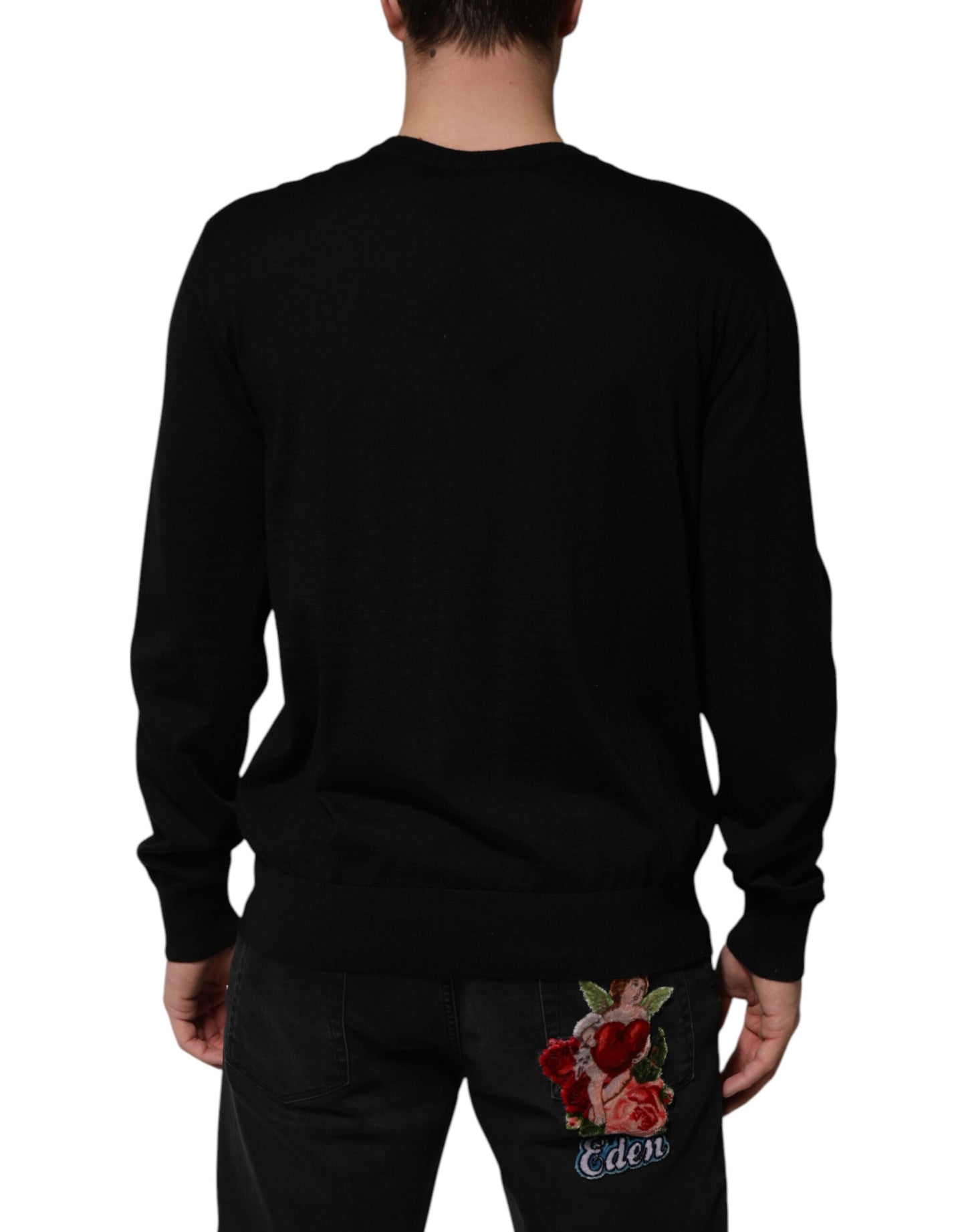 Dolce & Gabbana Schwarzer Kaschmir-Pullover mit Cherub-Print im Barockstil