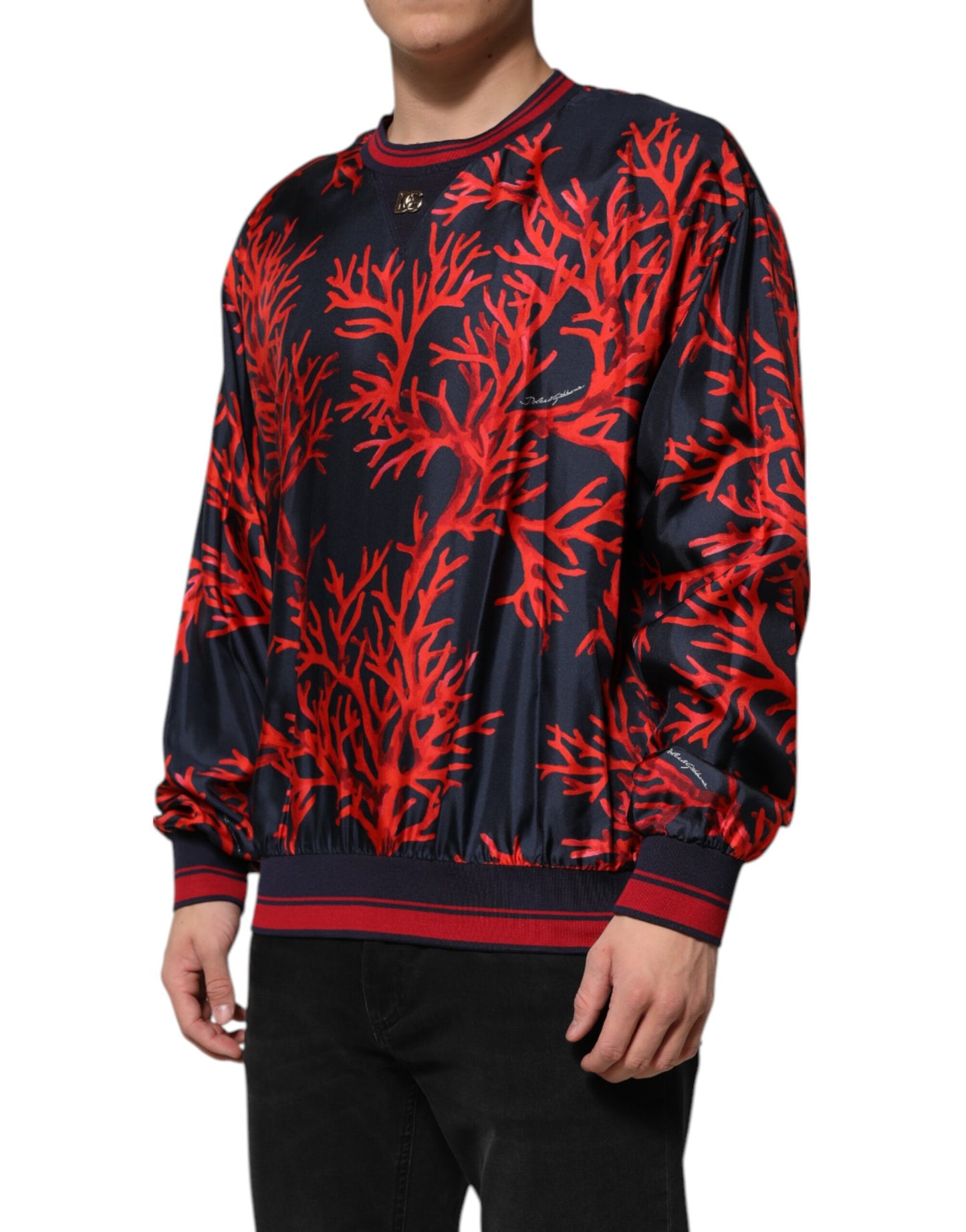 Dolce & Gabbana Marinefarbener Seidenpullover mit Korallendruck