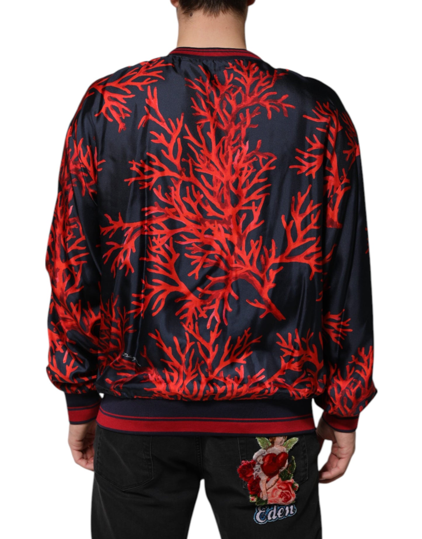 Dolce & Gabbana Marinefarbener Seidenpullover mit Korallendruck