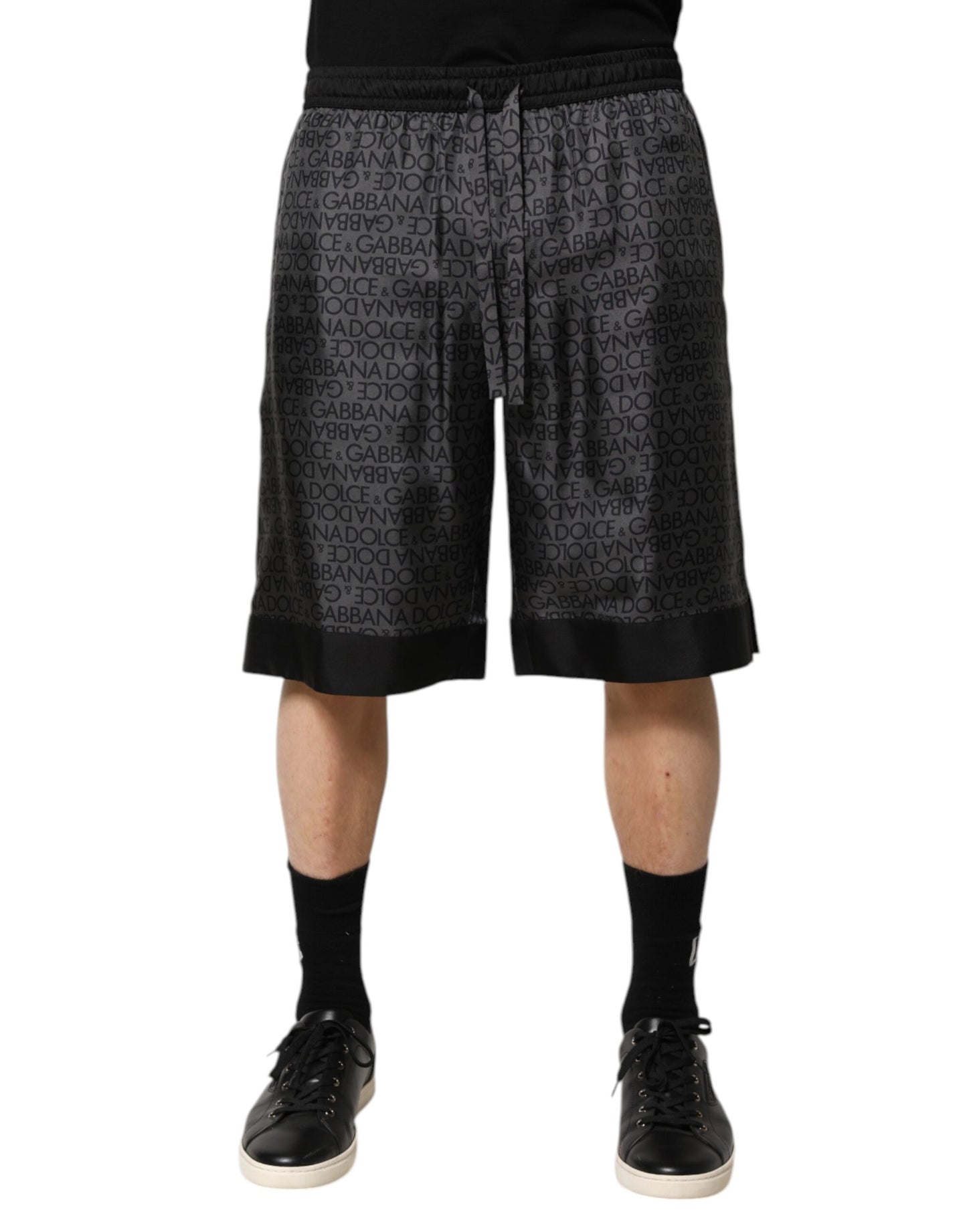 Dolce & Gabbana Graue Schwarze Seide DG Logo Herren Bermudashorts