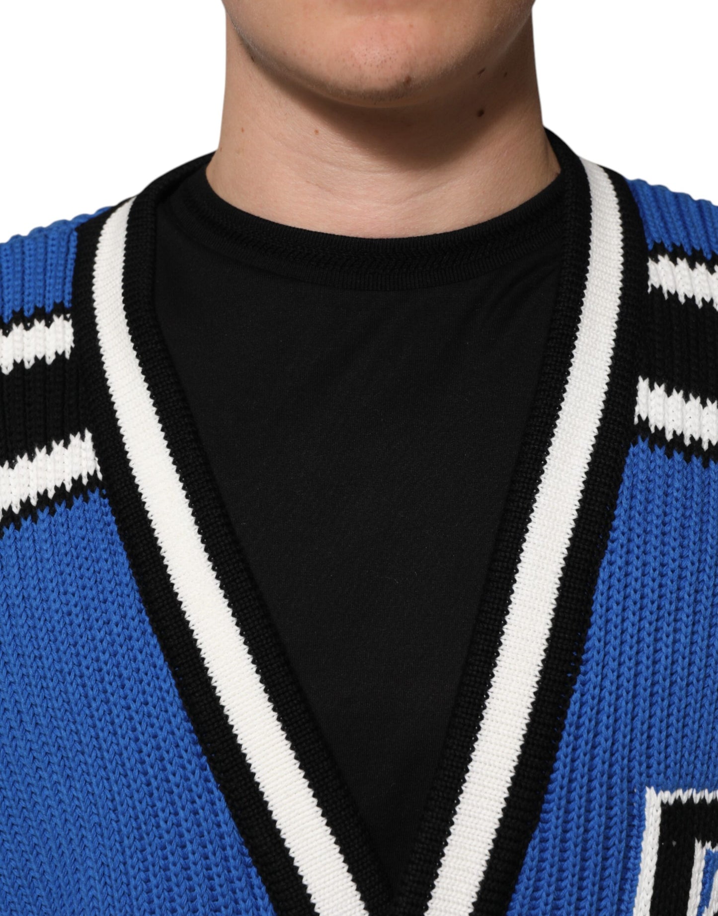 Dolce & Gabbana Blauer Baumwoll-Logoaufnäher Rippenstrickpullover