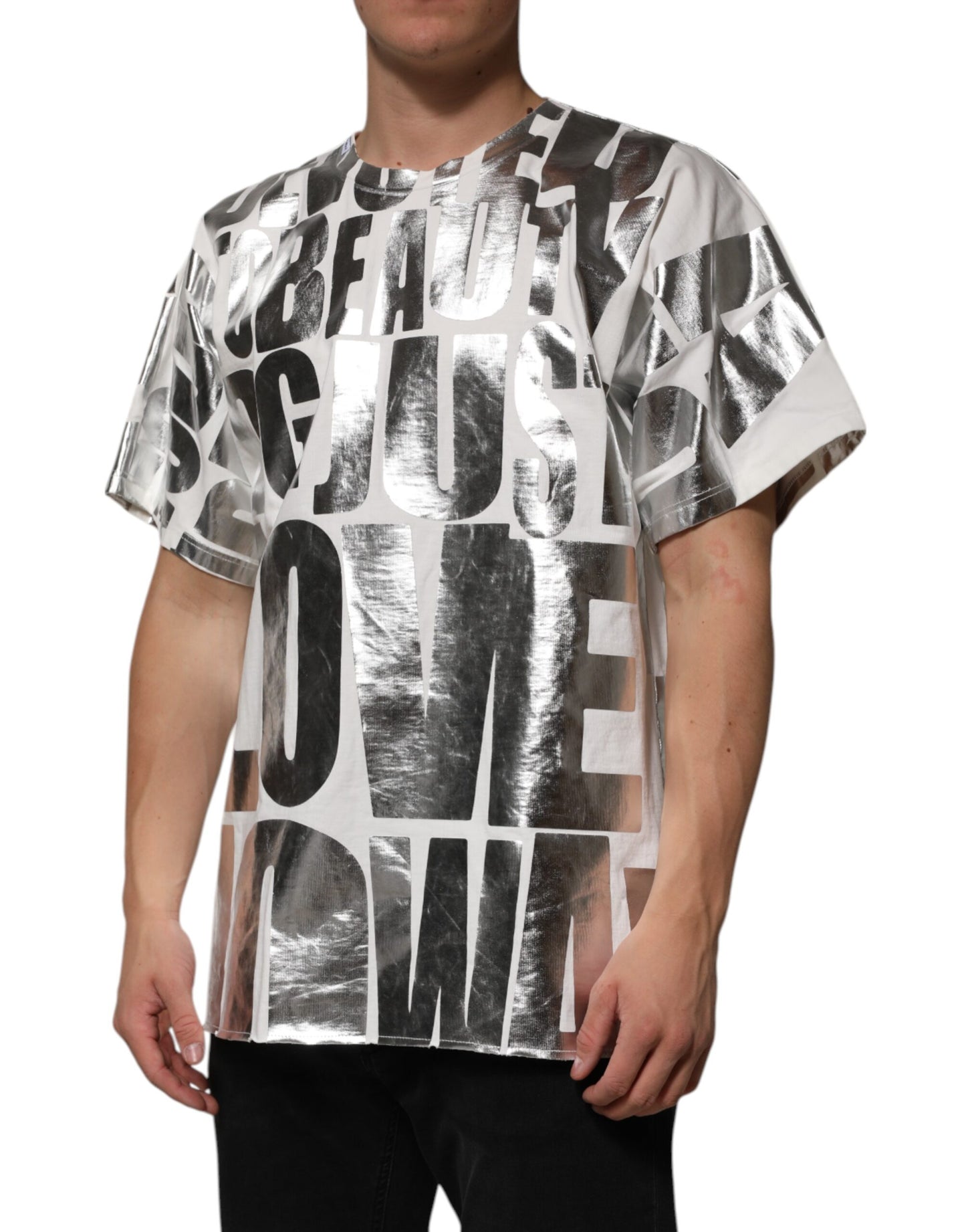 Dolce & Gabbana Weißes Baumwoll-T-Shirt mit silbernem Metallic-Slogan-Aufdruck