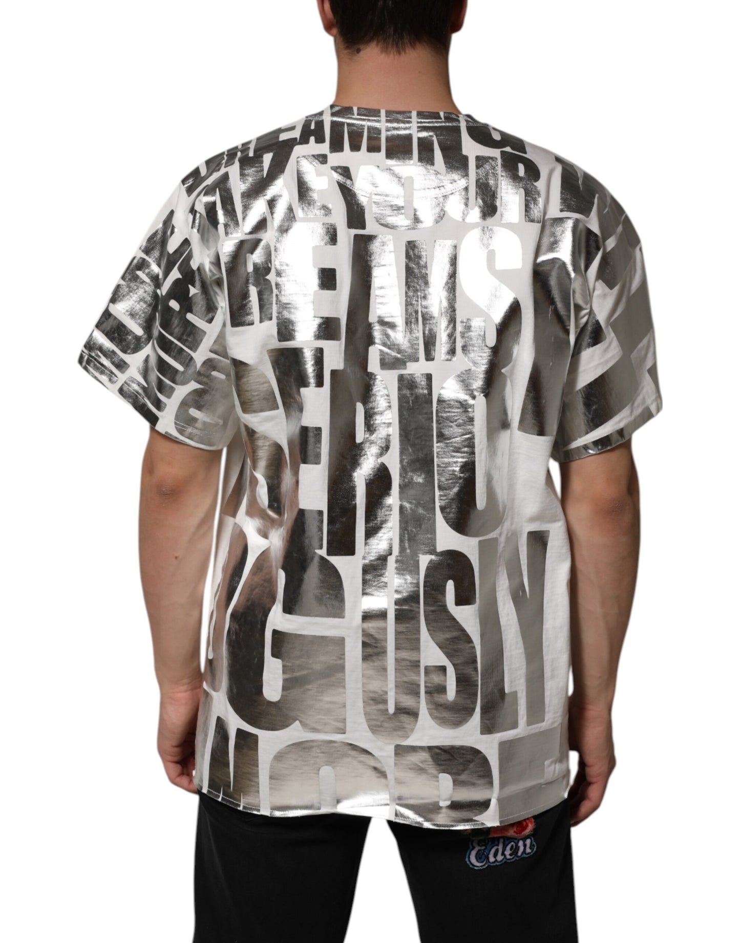 Dolce & Gabbana Weißes Baumwoll-T-Shirt mit silbernem Metallic-Slogan-Aufdruck