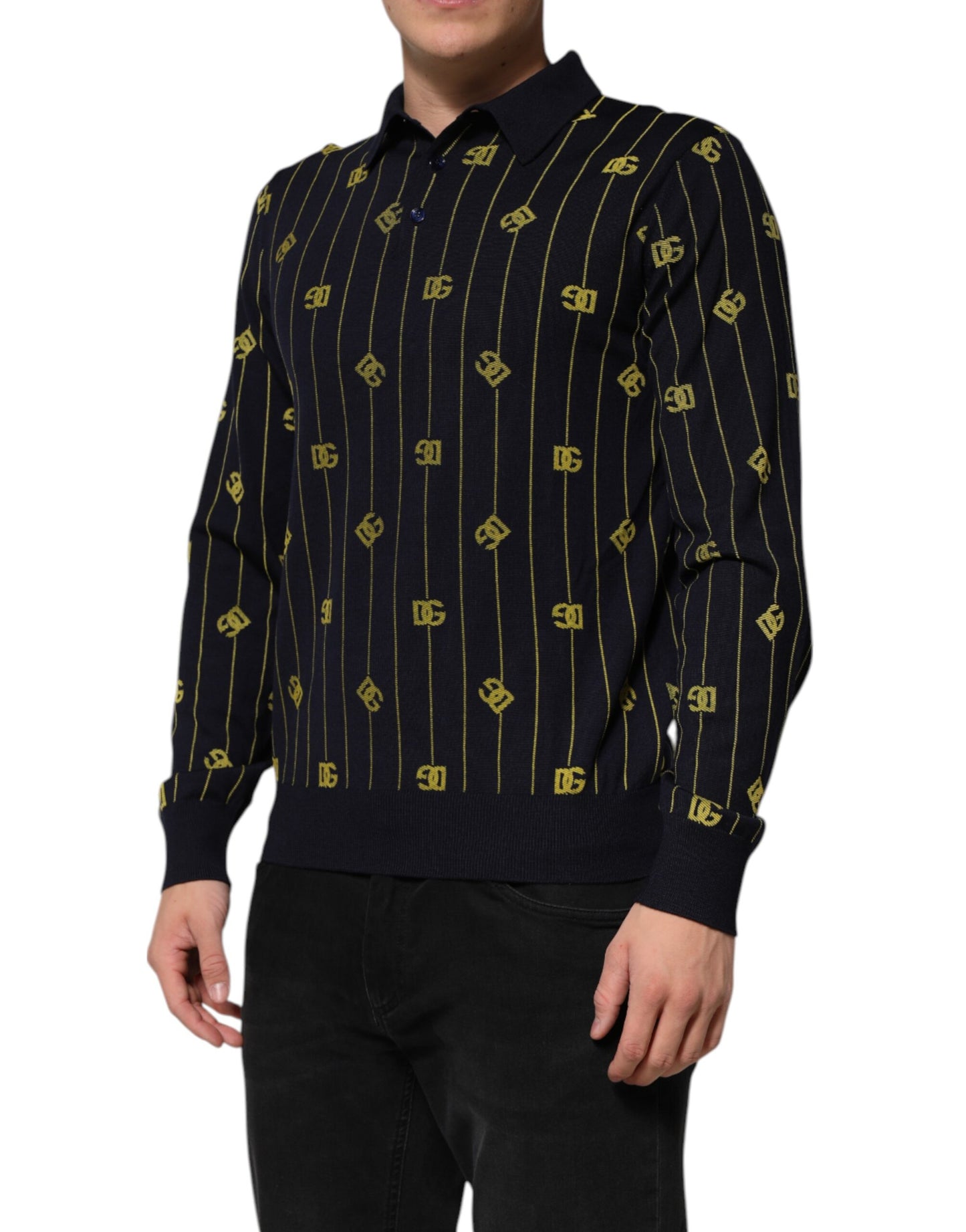 Dolce & Gabbana Schwarzes Logo-Jacquard-Strick-Poloshirt T-Shirt