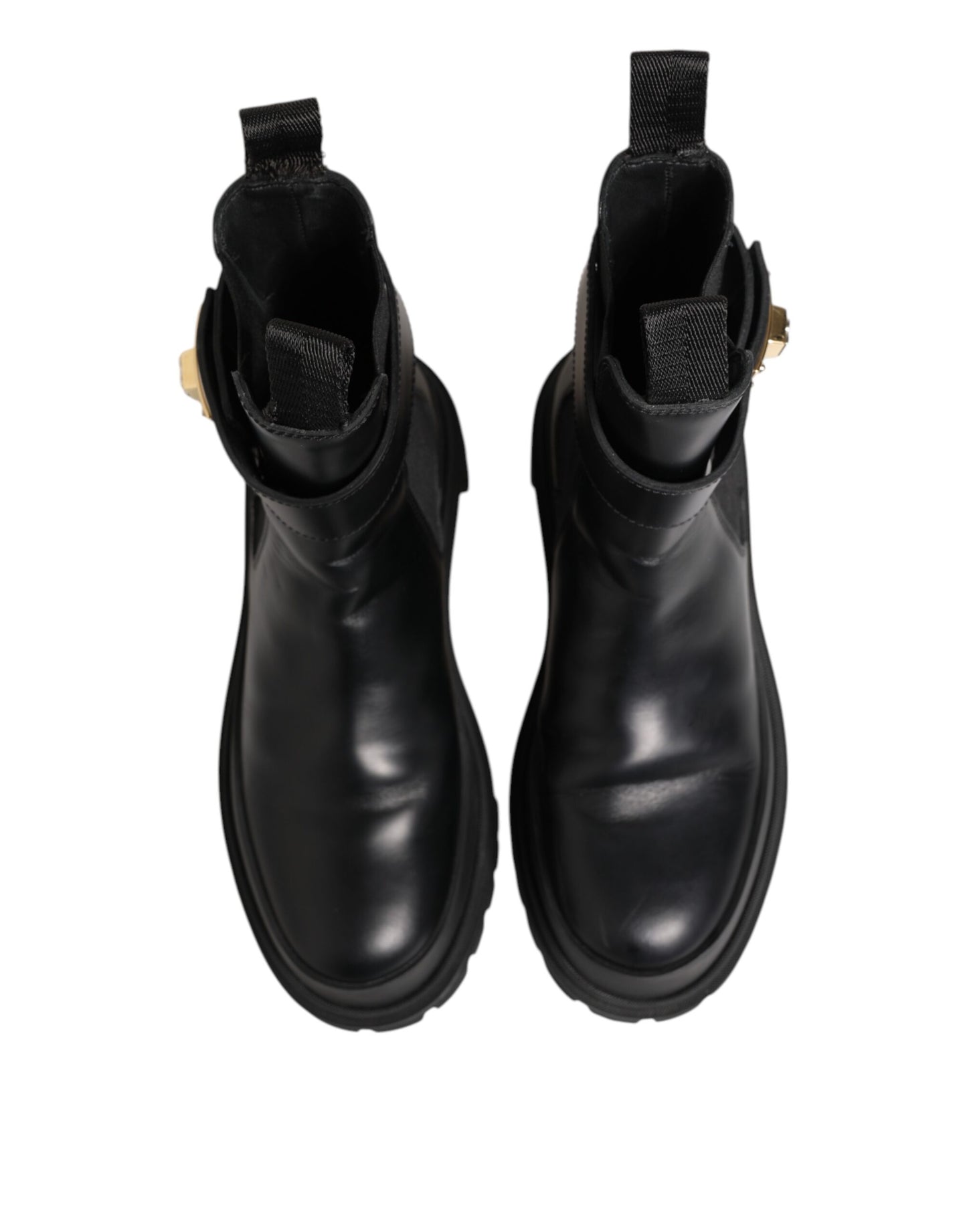 Dolce & Gabbana Schwarze Kalbsleder DG Logo Strap Ankle Boots Schuhe
