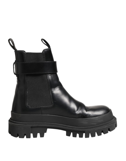 Dolce & Gabbana Schwarze Kalbsleder DG Logo Strap Ankle Boots Schuhe