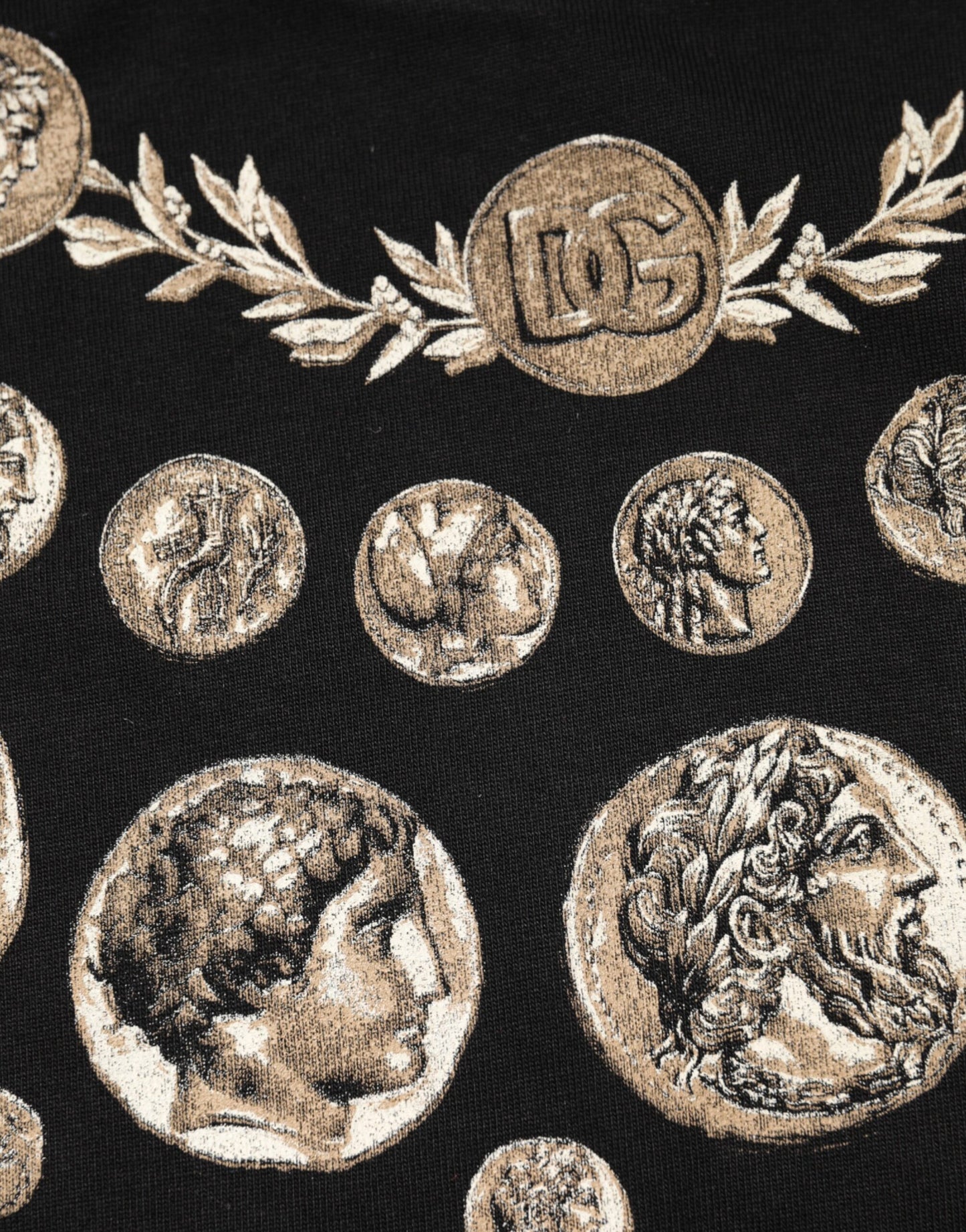 Dolce & Gabbana Schwarzes T-Shirt mit Rundhalsausschnitt aus Baumwolle mit Münzdruck