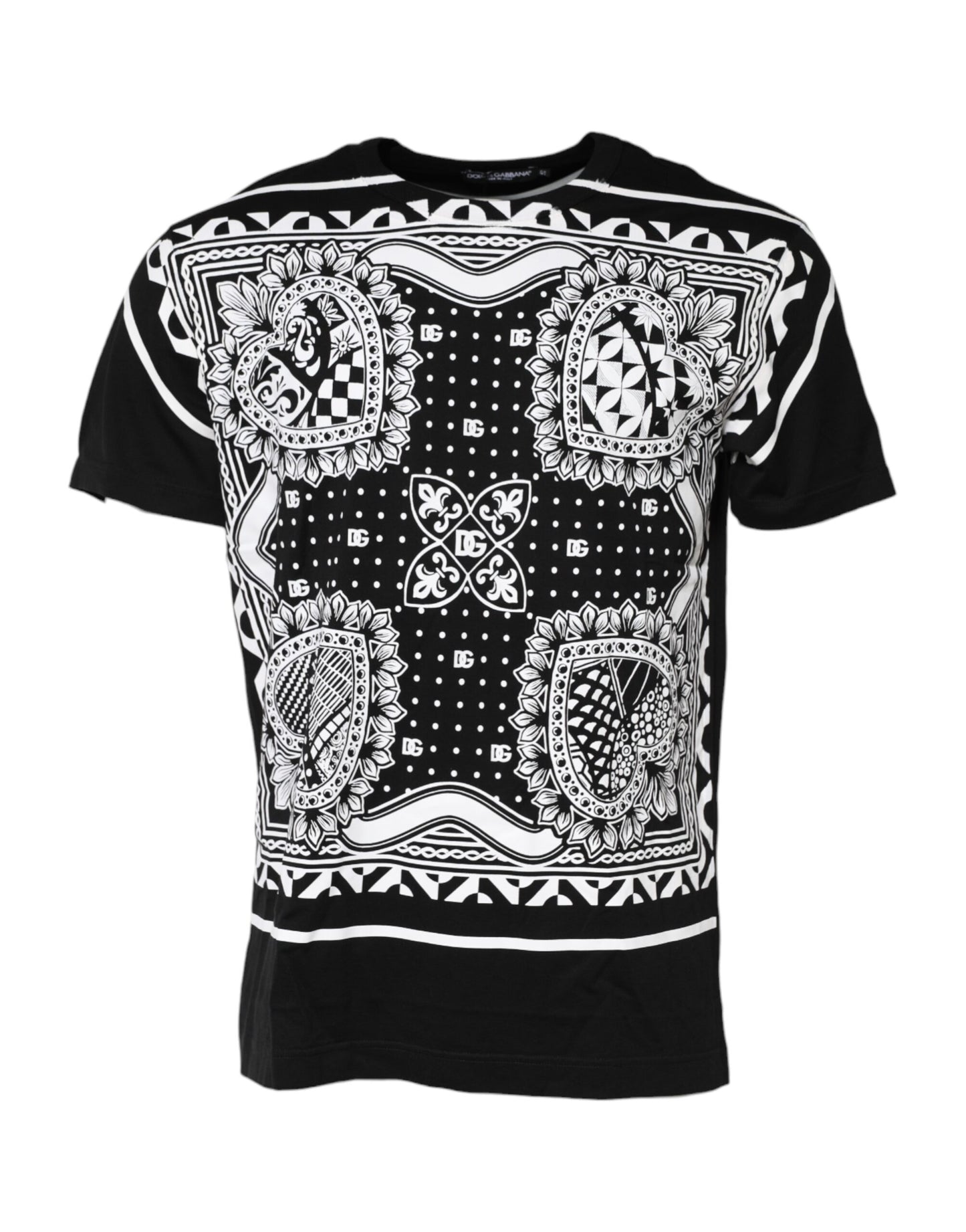 Dolce & Gabbana Schwarzes T-Shirt mit Rundhalsausschnitt aus Baumwolle mit Bandana-Druck