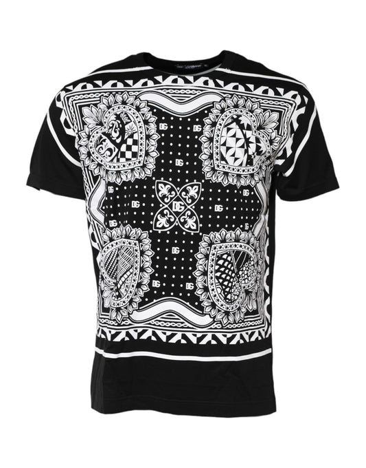 Dolce & Gabbana Schwarzes T-Shirt mit Rundhalsausschnitt aus Baumwolle mit Bandana-Druck