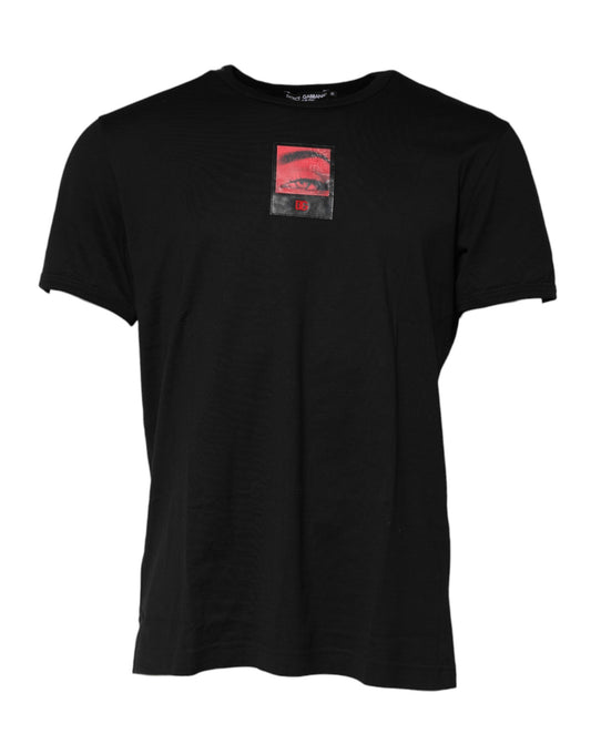Dolce & Gabbana Schwarzes Baumwoll-T-Shirt mit Rundhalsausschnitt und Augenaufdruck für Männer