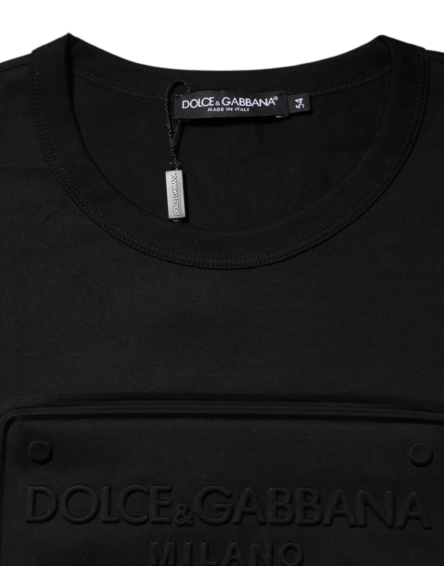 Dolce & Gabbana Schwarzes T-Shirt mit geprägtem Logo und Rundhalsausschnitt aus Baumwolle