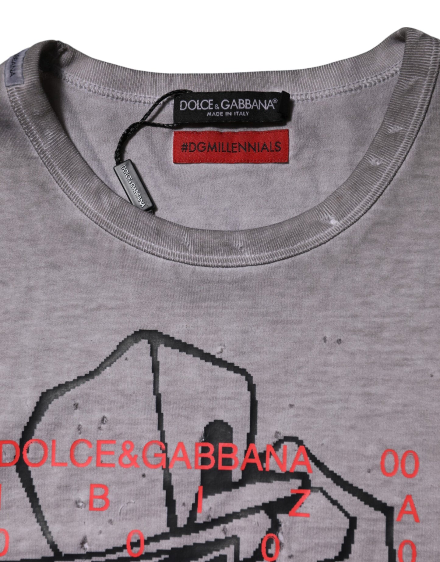 Dolce & Gabbana Graues T-Shirt mit Rundhalsausschnitt aus Baumwolle mit Grafikdruck
