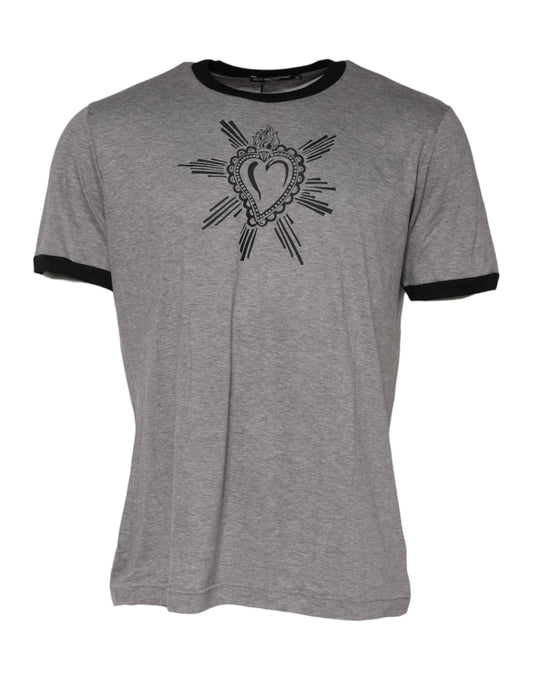 Dolce & Gabbana Graues Sacred Heart Baumwoll-T-Shirt mit Rundhalsausschnitt