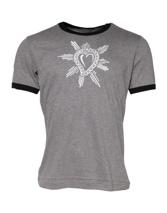 Dolce & Gabbana Graues Sacred Heart Baumwoll-T-Shirt mit Rundhalsausschnitt