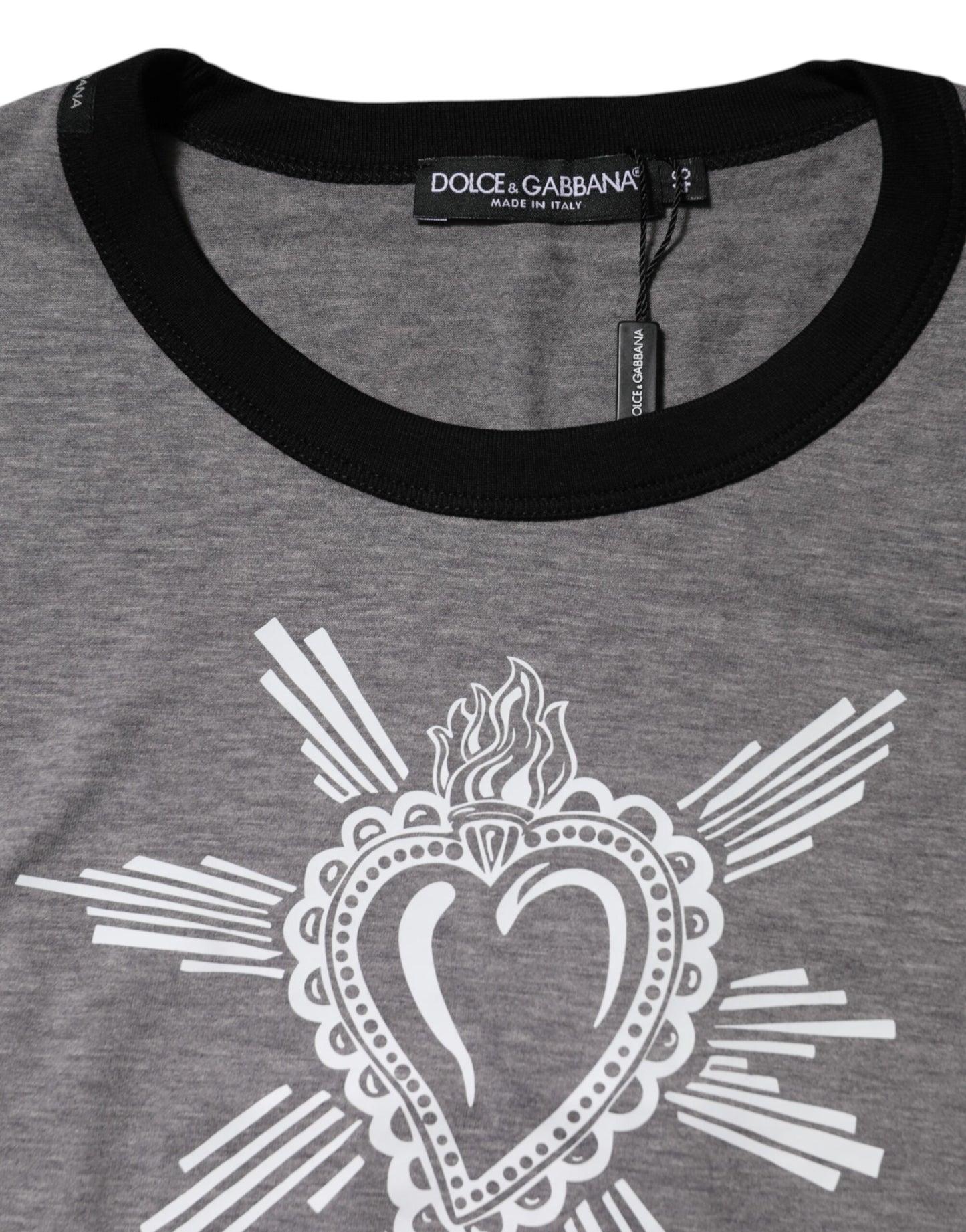 Dolce & Gabbana Graues Sacred Heart Baumwoll-T-Shirt mit Rundhalsausschnitt