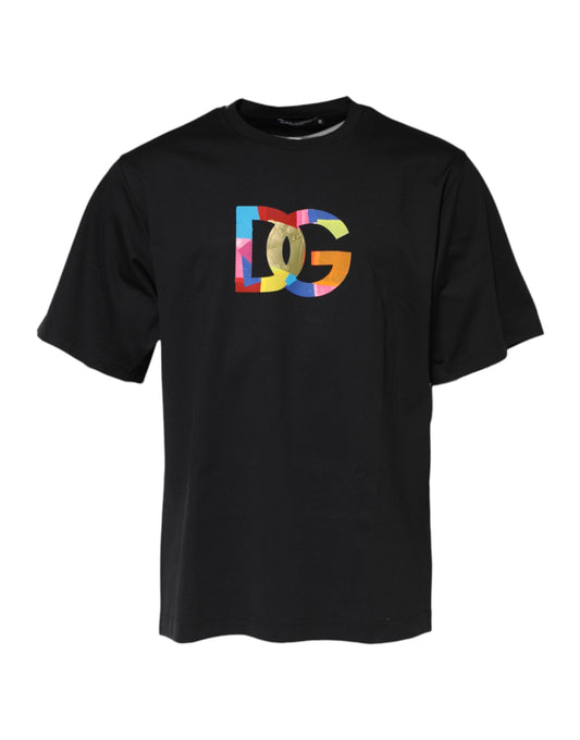 Dolce & Gabbana Schwarzes DG Logo Print Baumwoll-T-Shirt mit Rundhalsausschnitt