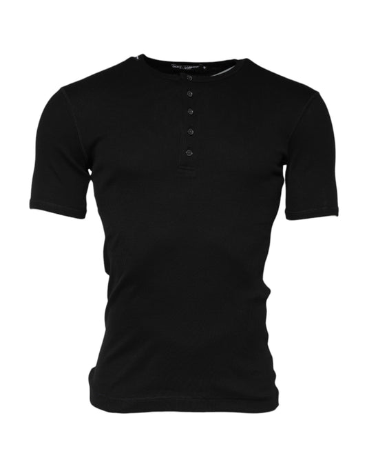Dolce & Gabbana Schwarzes Baumwollstrick-T-Shirt mit Rundhalsausschnitt Henley
