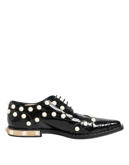 Dolce & Gabbana Schwarzes Leder Faux Pearl Kleid Broque Schuhe