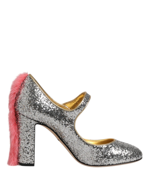 Dolce & Gabbana Silber Glitzer Nerz Pelz VALLY Pumps Schuhe