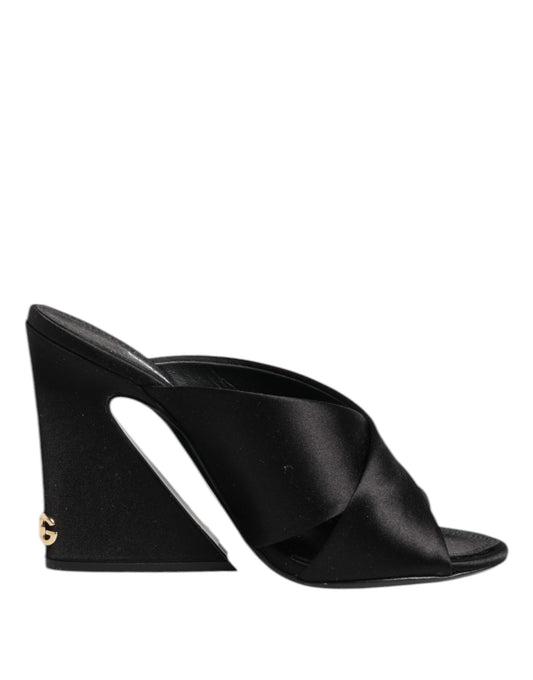 Dolce & Gabbana Schwarzes Logo KEIRA Satin Slides Sandalen Schuhe