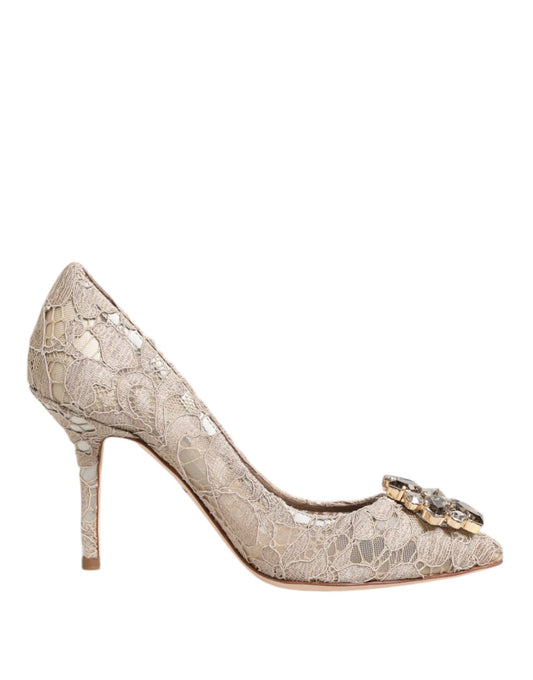 Dolce & Gabbana Beige Taormina Spitze Kristall Heels Pumps Schuhe