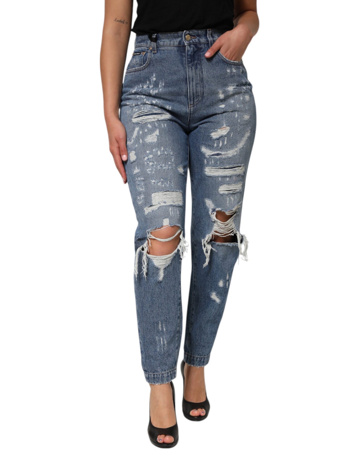 Dolce & Gabbana Blaue zerfledderte Denim-Jeans mit hoher Taille für Frauen