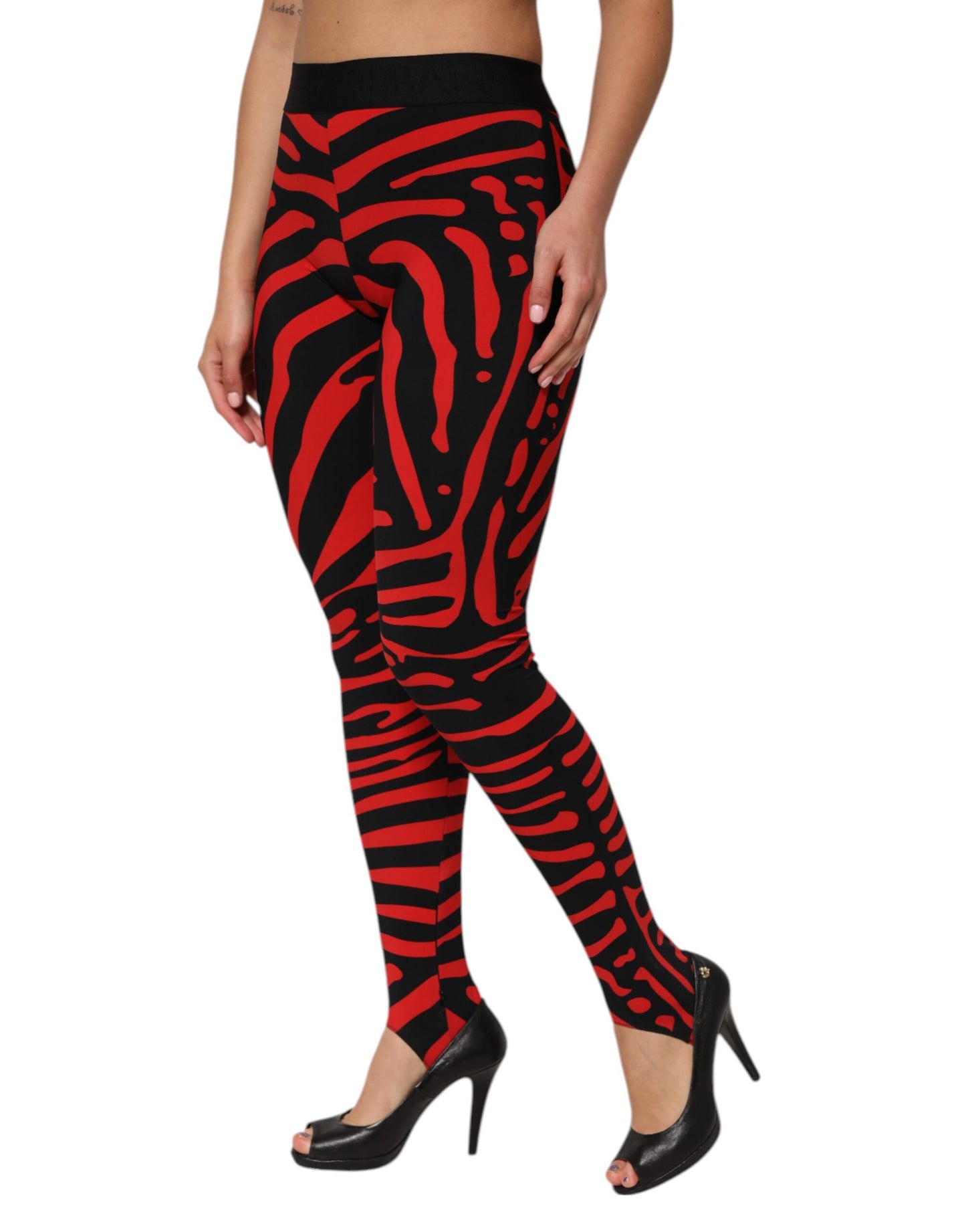 Dolce & Gabbana Schwarzes rotes Nylon Logo Taillierte Leggings Hose