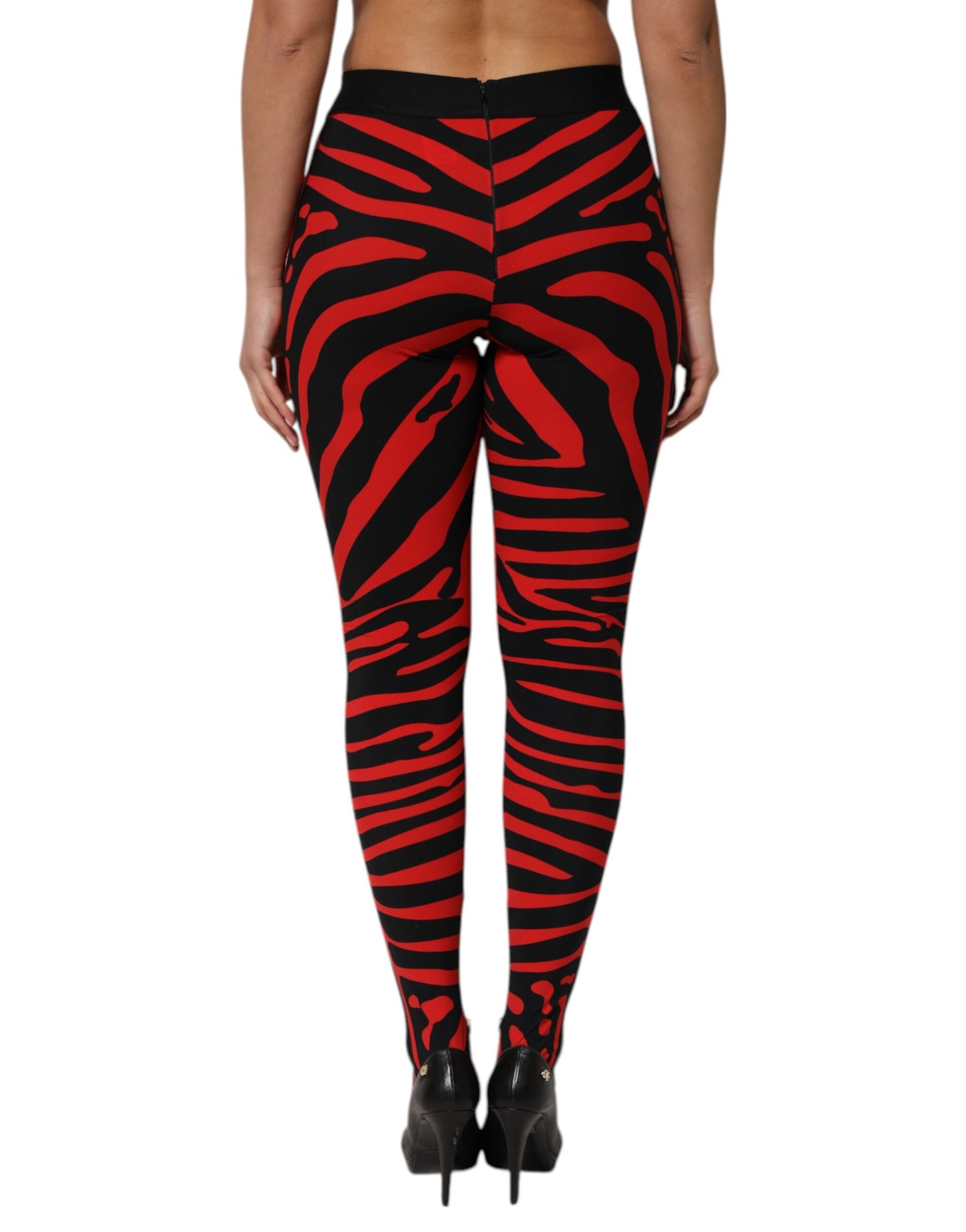 Dolce & Gabbana Schwarzes rotes Nylon Logo Taillierte Leggings Hose
