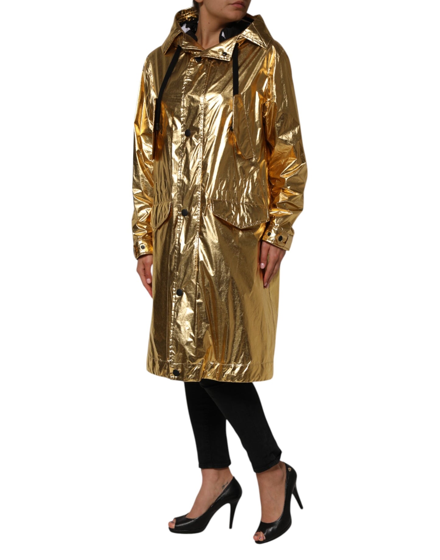 Dolce & Gabbana Goldfarbener Kapuzenmantel mit langen Ärmeln Trenchcoat Jacke