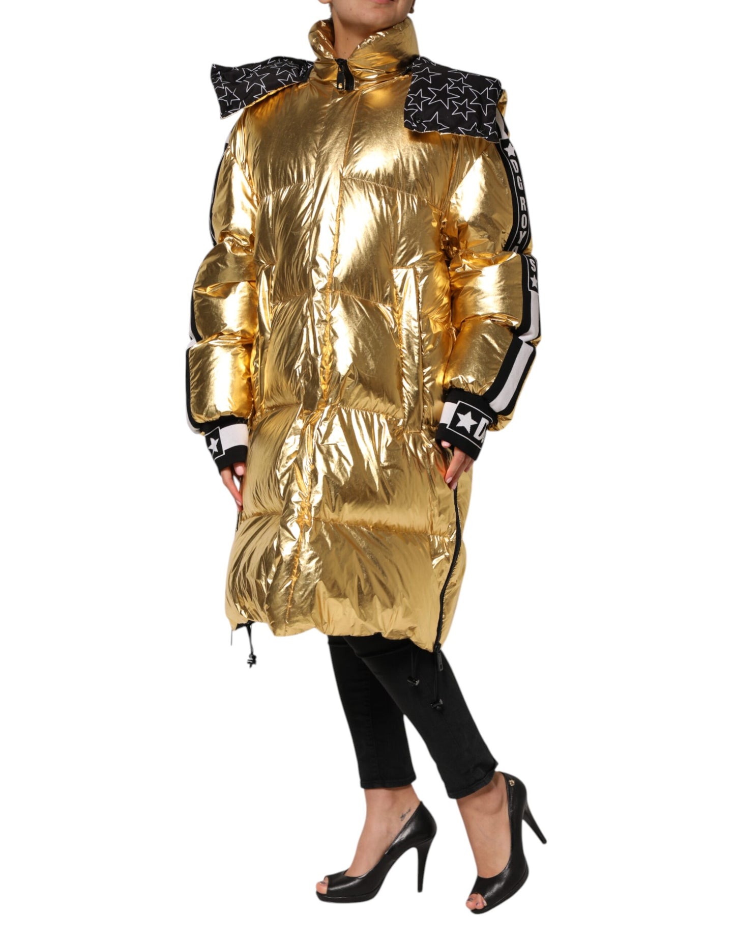 Dolce & Gabbana Gold Kapuzenpuffer Steppjacke mit durchgehendem Reißverschluss