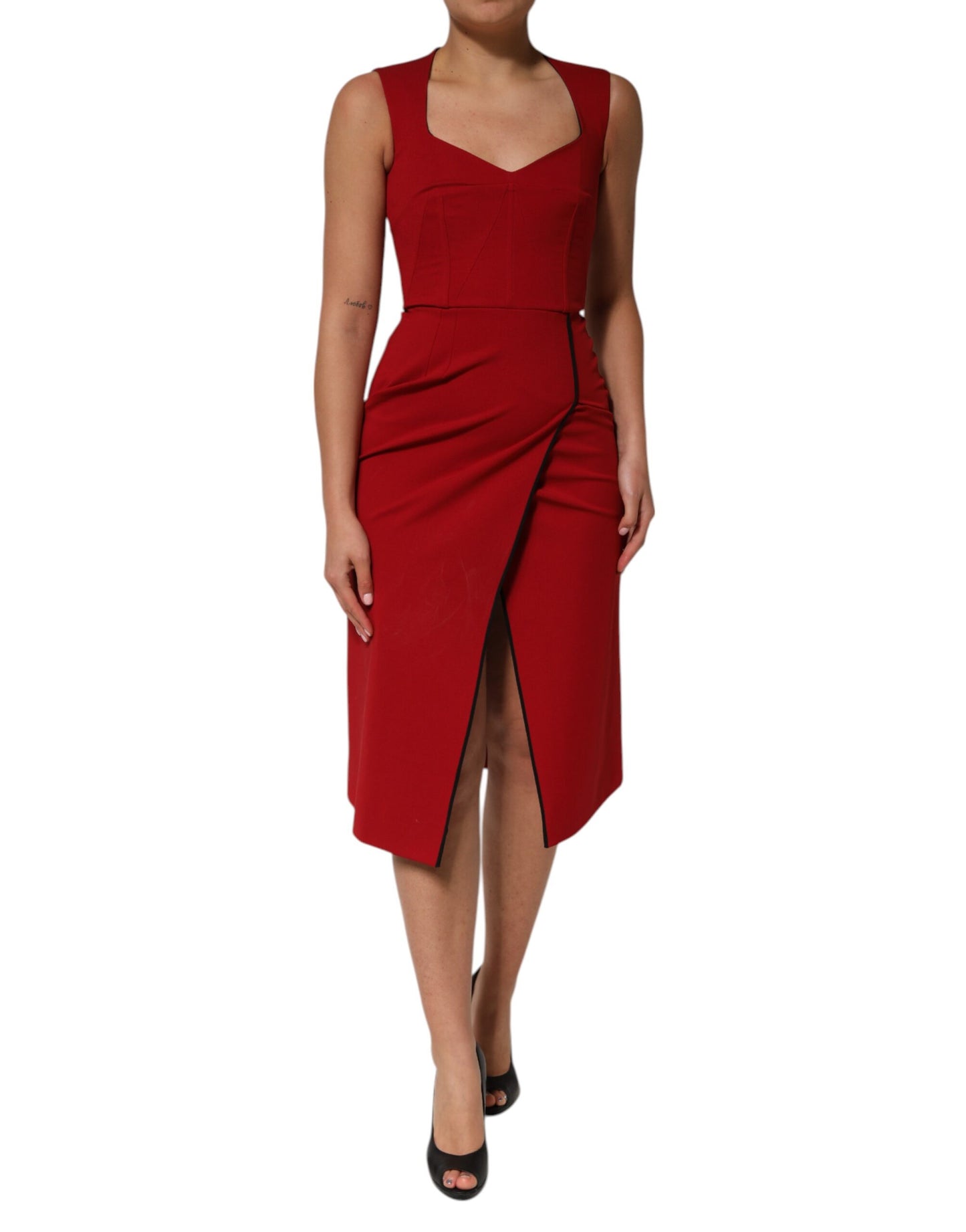 Dolce & Gabbana Rotes Viskose-Stretch-Scheide-Midikleid mit Schlitz
