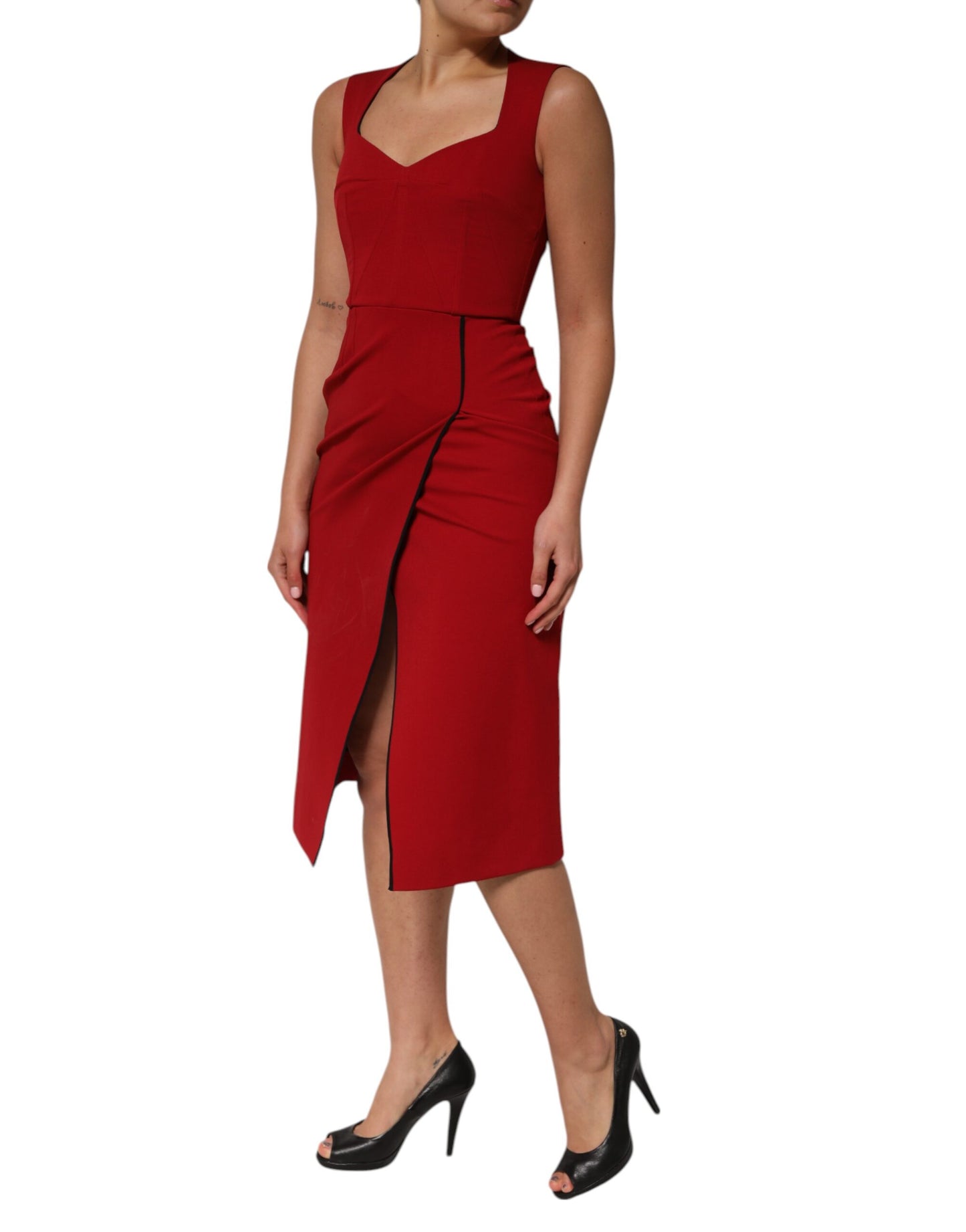 Dolce & Gabbana Rotes Viskose-Stretch-Scheide-Midikleid mit Schlitz