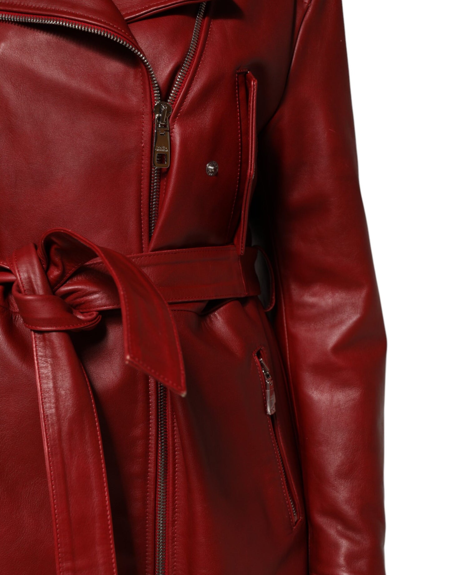 Dolce & Gabbana Roter Ledermantel mit Gürtel und durchgehendem Reißverschluss Trenchcoat Jacke