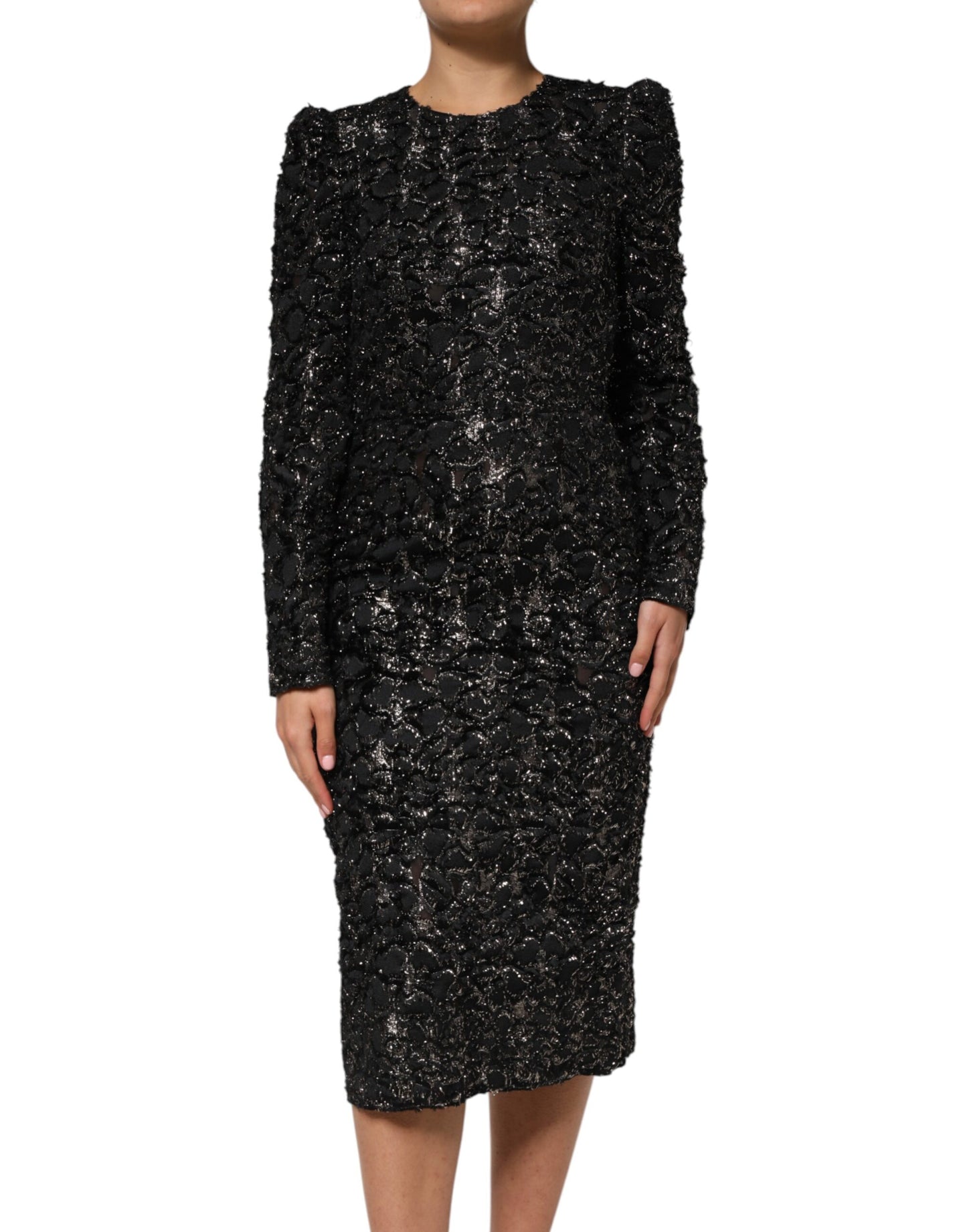 Dolce & Gabbana Schwarzes Pailletten-Bouclé-Tweed-Mantelkleid