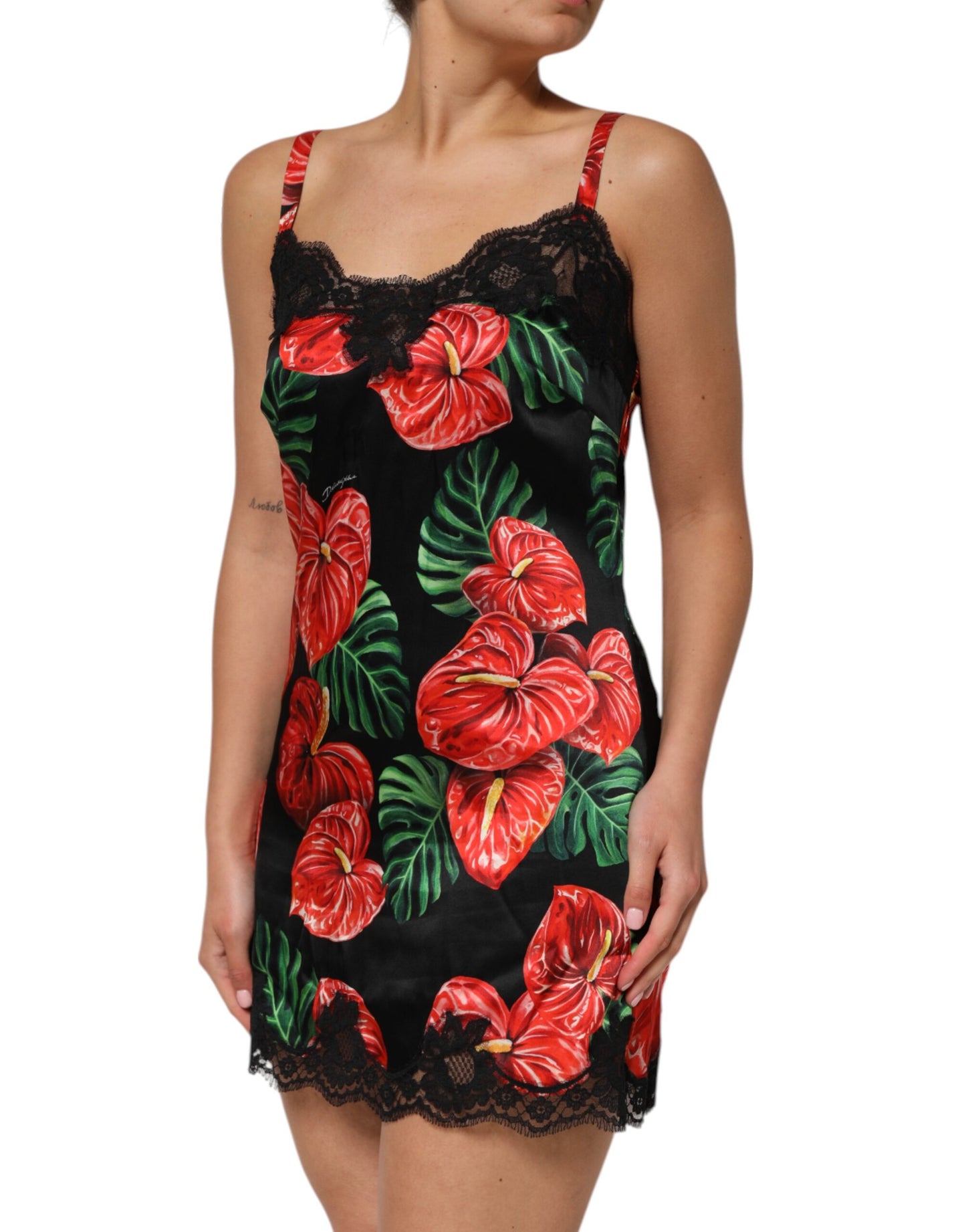 Dolce & Gabbana Schwarzes geblümtes Chemise-Dessous-Kleid mit Spitzenbesatz