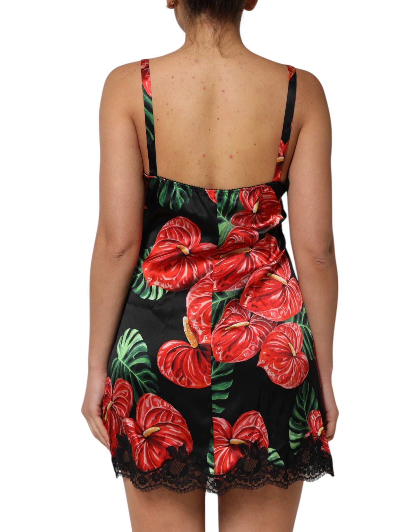 Dolce & Gabbana Schwarzes geblümtes Chemise-Dessous-Kleid mit Spitzenbesatz