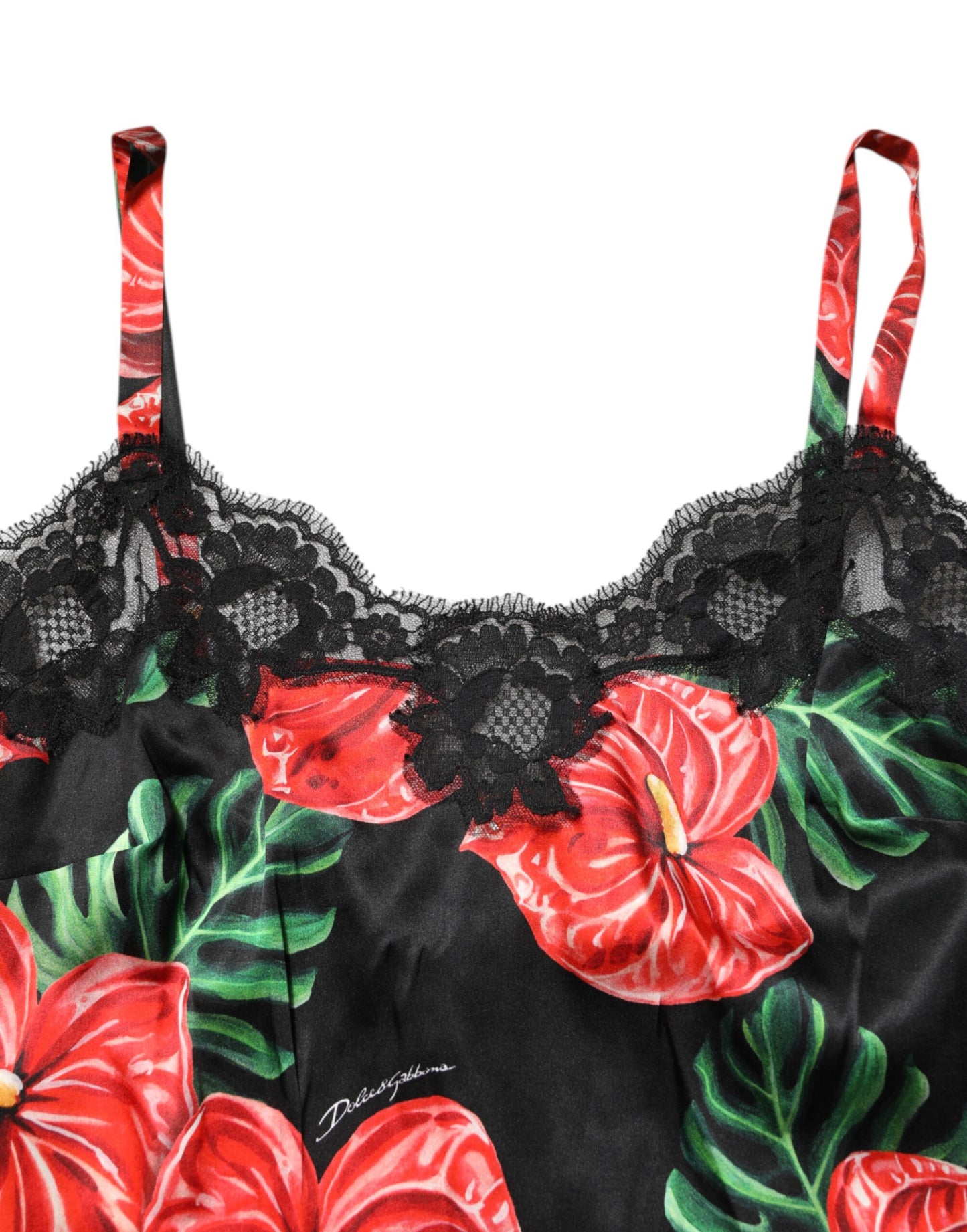 Dolce & Gabbana Schwarzes geblümtes Chemise-Dessous-Kleid mit Spitzenbesatz