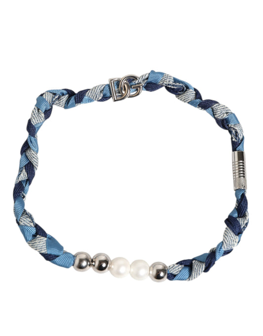 Dolce & Gabbana Blau Weiß Geflochtenes Silber Metall Logo Perlen Armband für Männer