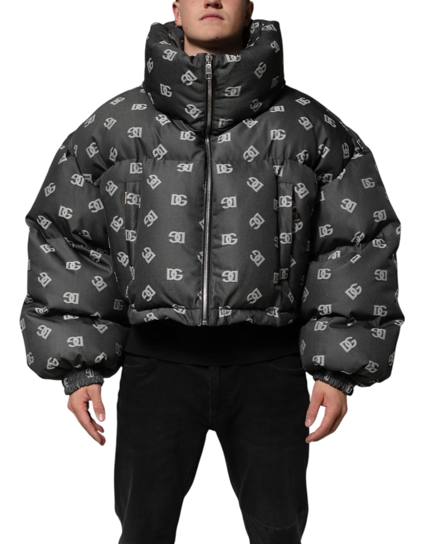 Dolce & Gabbana Schwarze DG Monogram Full Zip Pufferjacke für Männer